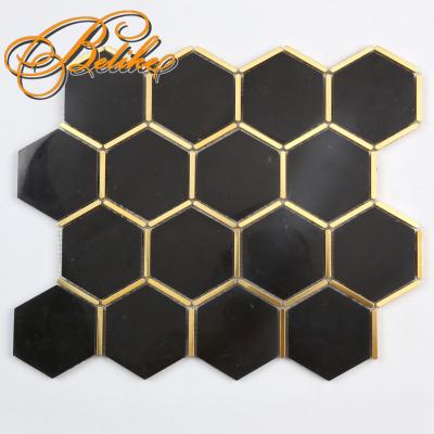 China Crystal Black Marble Brass Mosaic Arabesque Wall Tile Home Style Decor Wall Cladding Modern Elegant Hexagon Interior Design for sale