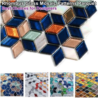 China Colorful Pattern Parquet Rhombus Glass Mosaic Slab With Parquet Style Home Decor Wall Slab Luxury Design for sale