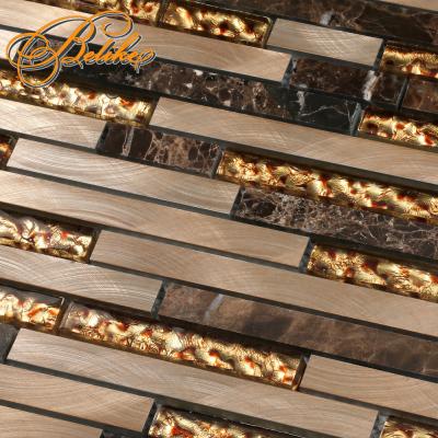 China Europe Luxurious Elegant Glass Mosaic Tiles Brushed Aluminum Brown Emperador Marble Stone Home Decor Wall Tile Interior Cladding for sale