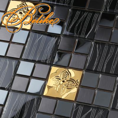 China Modern Glass Tone Luxury Home Decor Chic Black Gold Mosaic Wall Tile Covering Featured Backsplash Interior Backspace Accent Design for sale