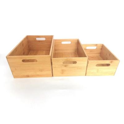 China Bamboo tray 3/set, sustainable fruit and vegetable tray bamboo serving basket with handle, bamboo storage box for sale