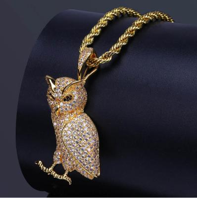 China Best Selling Anime Owl Charm Pendant Necklace Hip Hop Personality Owl Design Pendant Clavicle Chain Zircon 18K Gold Plated Hiphop for sale