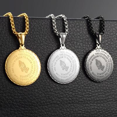 China Hiphop Charms Custom Stainless Steel Horoscope Bible Verse Hands Gold Men Women Coin Medal Pendant Blessed Serenity Prayer Necklace for sale