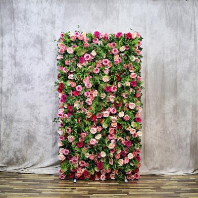 China Decorative 3D Roll Up Artificial Silk Rose Flower Wall Backdrop Panel For Wedding Decoration for sale