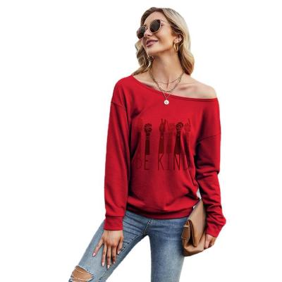 China New fun regular multi-color letter printing long diagonal shoulder sleeve European and American fashion border women's clothing for sale