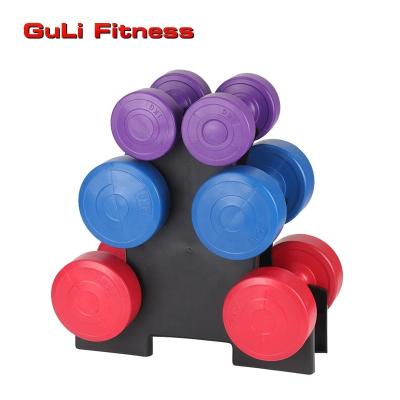 China Durable Colorful 12KG PE Coated Cement Dumbbell Set With Stand Round Head Sand Filler Dumbbell For Ladies And Child Home Use for sale