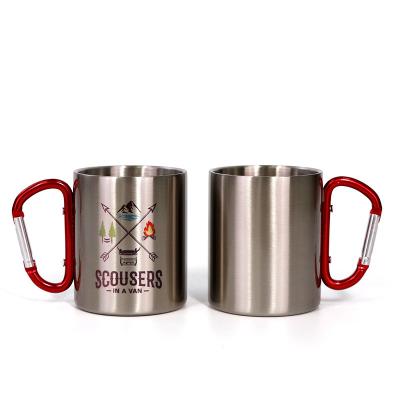 China Art Decor OEM Logo Wall Stainless Steel Coffee Metal Camping Carabiner Handle Cup Double Wall Mug for sale