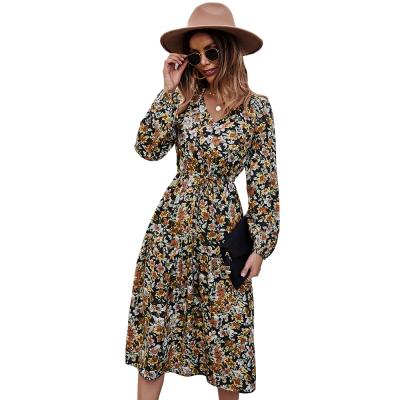 China Other Autumn Winter Floral Printing Casual Dresses 2021 Long Sleeve Vacation Style Skirt for sale