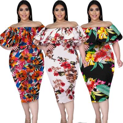 China New Arrival Anti-Static Plus Size Women's Dresses 4xl 5xl Floral Layered Ruffle Off Shoulder Plus Size Dress For Fat Woman for sale