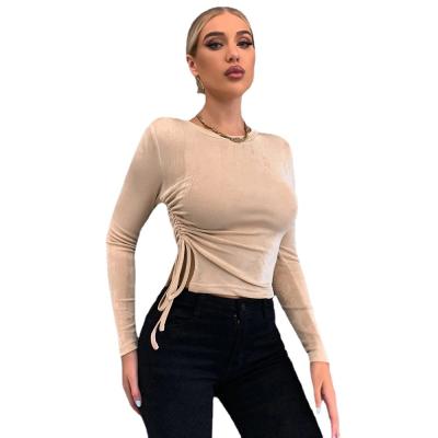 China Other New Women's T-shirts Slim Pleating Round Neck Sweater Shiny Long Sleeve T Women's Knitted Shirt for sale