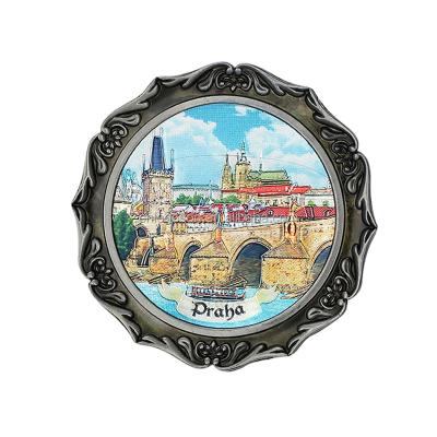 China Europe Praha Printed Czech Prague Small Dishes Fridge Magnet Wall Hanging Decorative Metal Plate Souvenir for sale