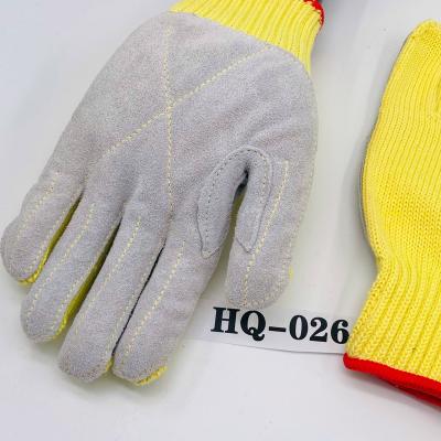 China Light Industry 7G Aramid Fiber Glove With Cow Split Leather Sewn Between Thumb And Forefinger for sale