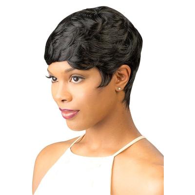 China High Quality Mixed Short Pixie Curly Wave Wig With Black Brown Silky Straight Wave Bangs Short Bob Synthetic Hair Wigs For Color Women for sale