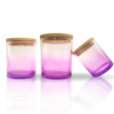 China Gift & Factory Custom Gradient Craft Purple Color 7oz 10oz 14oz Round Frosted Empty Glass Candle Jars With Metal Bamboo Wood Lids for sale