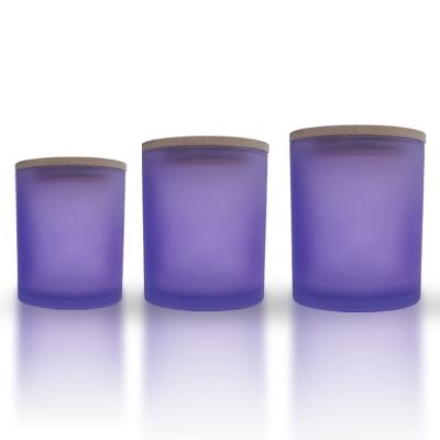 China Gift & Hot Selling Craft Vessels Classic Frosted Purple Glass Candles Candles With Wooden Lid For Home Decor for sale