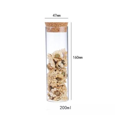 China Wholesale 7oz 47*160mm Borosilicate Glass 200ml Coffee Storage Bottles Eco-friendly Jar With Wooden Cork Lid for sale