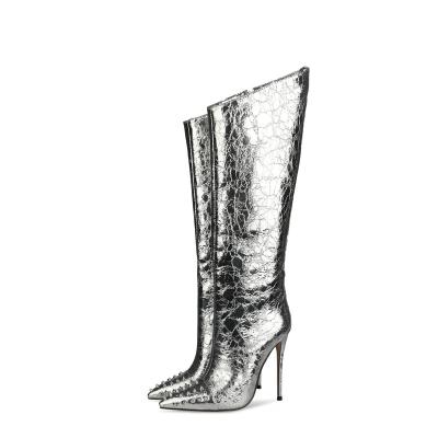 China New Style 34-47 Sexy Ladies High Heel Boots Knee-Length Boots Silver Anti-slippery Waist Stilettos for sale