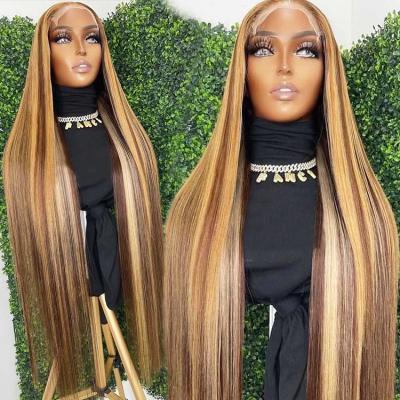 China Customized Straight Texture Long Honey Blonde Human Hair Wig Brown Highlight Color Cuticle Aligned Transparent Lace Front Hair Wigs for sale