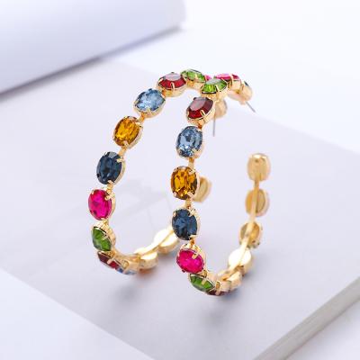 China 2021 New Arrival TRENDY Statement Rainbow Color C Shape Hollowed Out Full Rhinestone Big Circle Earrings Drop To Dangle Earrings Women for sale