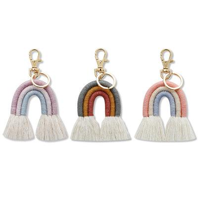 China Cotton Yarn Keyring Rainbow Keychains Art Macrame Bag Charm Car Rainbow Keychain Weaving Hanging Jewelry Gifts for sale