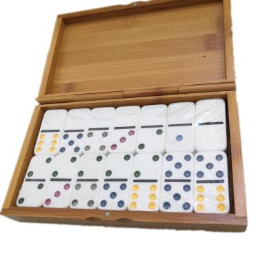 China Toys Ivory Tiles Double 6 Dominoes Colorful Set By Tangerine With Bamboo Travel Box for sale