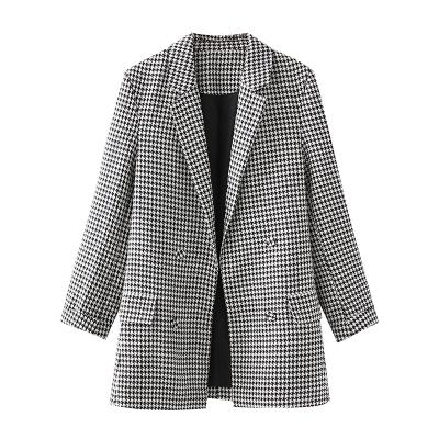 China 2021 Autumn New Women's Anti-Shrink Fashion Thousand Women's Double Breasted Lapel Bird Plaid Suit Coats for sale