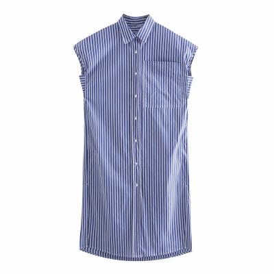 China Wholesale 2021 European Anti-wrinkle new and American ladies striped sleeveless lapel shirt dress for sale