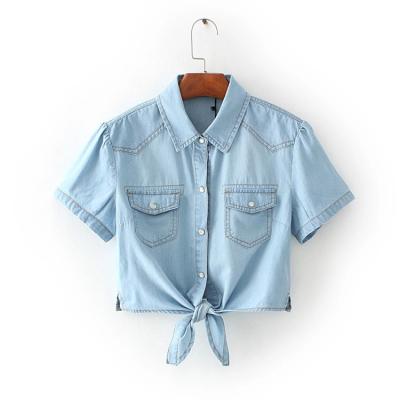 China Wholesale Women New Fashion Anti-wrinkle Lapel Sheer Color Denim Shirts With Short Sleeves Casual Female Tops for sale