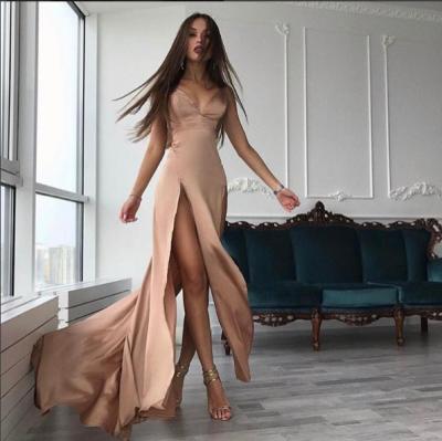 China B33734A high quality breathable 2017 autumn fashion real pictures women thigh slit satin maxi dress for sale