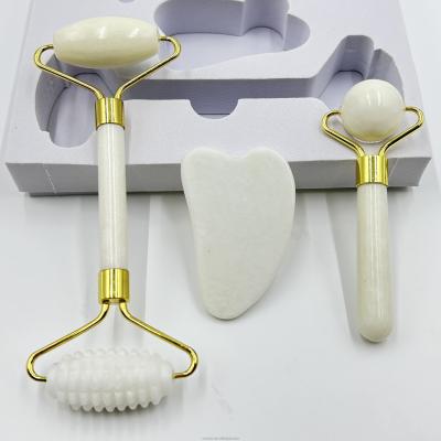 China Face Neck Body Massage Natural Jade Roller Gua Sha Set with Double Head Xiuyan Stone for sale