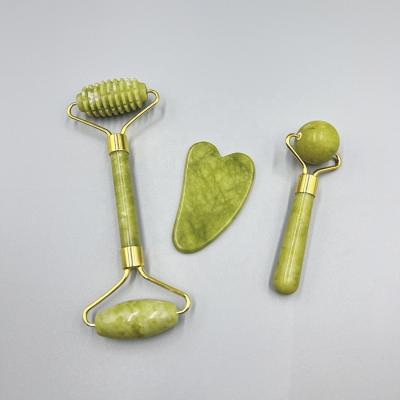 China Green Gua Sha for Face and Neck Wrinkles Double Head Natural Jade Roller Set For Home for sale