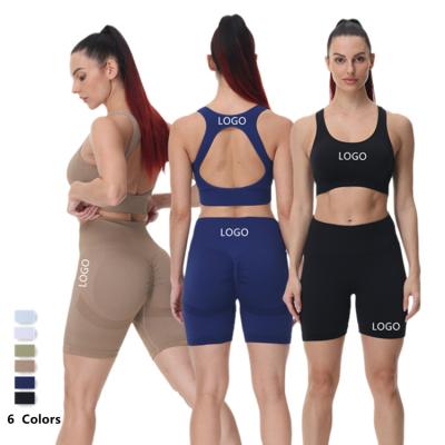 China 2022 Popular Design Sexy Backless Two Piece Sweatsuit Breathable Seamless Yoga Bra&Shorts Women Clothes Gym Fitness Sets for sale