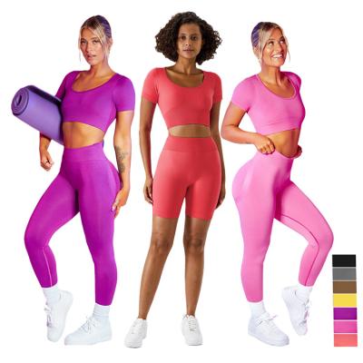 China New Fashion Solid 7 Color Breathable Active Clothing Culture Top T-Shirt Seamless Shorts Butt Crac! crack! Legging yoga sets fitness women for sale