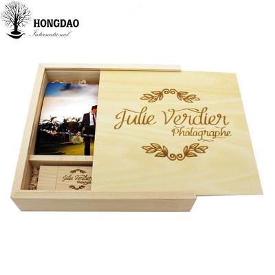 China HONGDAO Handmade Custom Wooden Photo Album Wedding Gift Box With Photography USB Flash Drive And Box for sale