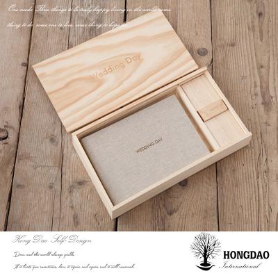 China HONGDAO Recyclable Natural Sliding Lid Photo Album USB Unfinished Wooden Wedding Box With Engraving Logo for sale