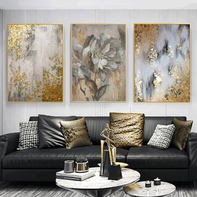 China Abstract Flower Leaf Gold Canvas Painting Retro Gold Wall Art Picture Marble Poster And Print for sale