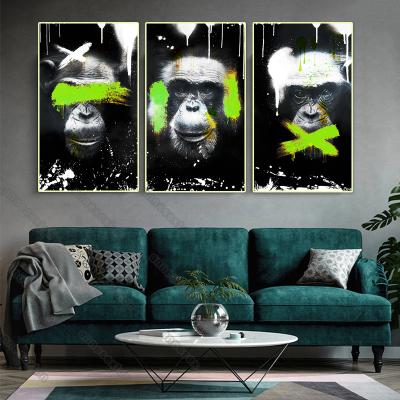 China Different Modern Wall Poster Canvas Painting Gorillas With Pots Yellow Green Pink Colors White Or Mix Colors For Home Rooms for sale