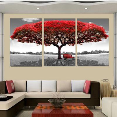 China Modern Canvas Wall Art Poster Home Decor For Living Room 3 Pieces Red Tree Art Scenery Paintings HD Prints Landscape Pictures for sale