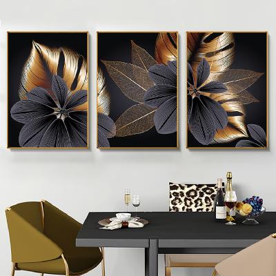 China Modern Abstract Black Gold Plant Leaf 3 Panels Canvas Poster Print Nordic Modern Home Wall Art Painting Decor for sale