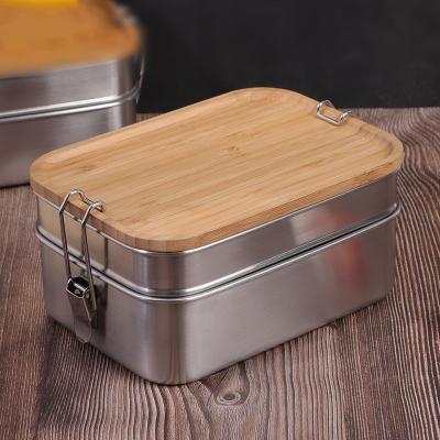 China Sustainable Customized Wholesale Double-Layer Stainless Steel Leakproof Lunch Box With Bamboo Buckle Cover for sale