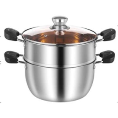 China OEM Stainless Steel Large 2 Layer Restaurant Kitchenware Soup Pot Food Steamer Viable Non-Stick Hot Selling Pot With Glass Lid for sale