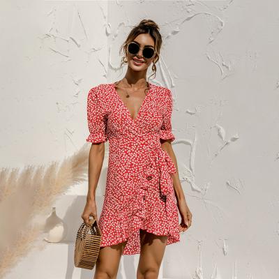 China New hot sexy V-neck summer anti-static floral lace up dress for sale