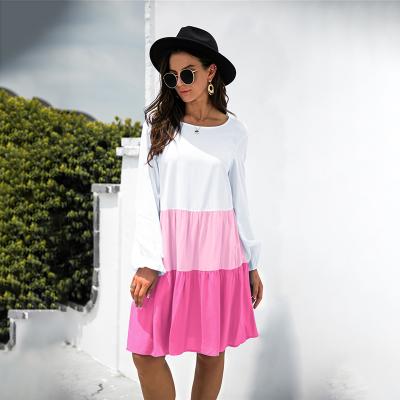 China New Multi Color Panel Contrast Sleeve Anti-Static Hot Selling Round Neck Long Dress for sale