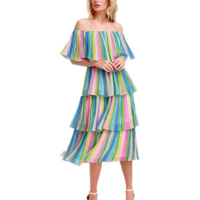 China Anti-Static Chic Gala Stripe Ready Multi Print Off The Shoulder Ruffle Midi Tiered Dress for sale