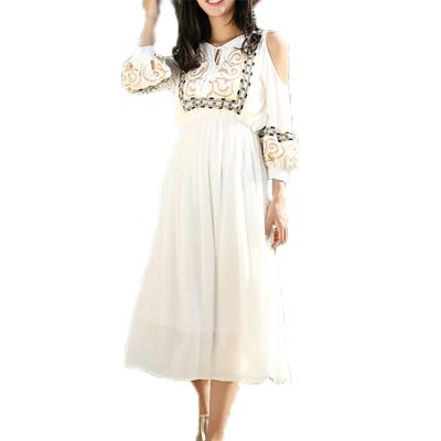 China Anti-wrinkle wholesale ladies clothing v-neck off the shoulder sleeve embroidery white chiffon dress for women for sale