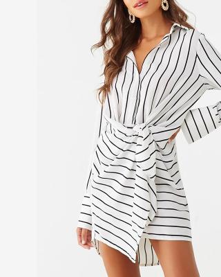 China Anti-Wrinkle High Street Women Striped Shirt Dress Black White Casual Straight Office Party for sale