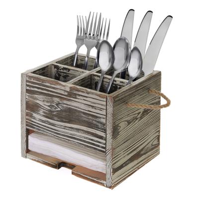 China 4 Cell Paulownia Gray Kitchen Tableware Storage Box Wooden Cutlery Storage Rack With Napkin Holder for sale