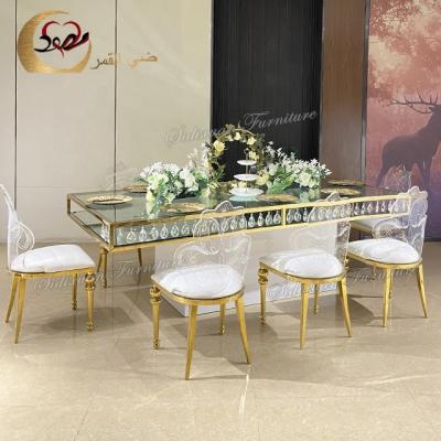 China Customized Elegant Glass Wedding Dinner Table 8 Seaters Crystal Gold Glass Dining Table for sale