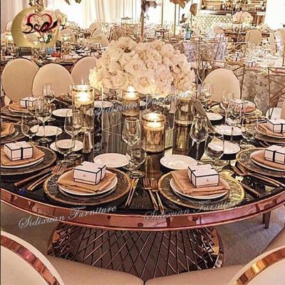 China Customize Large Round Mirror Stainless Steel Glass Top Banquet Tables For Reception for sale