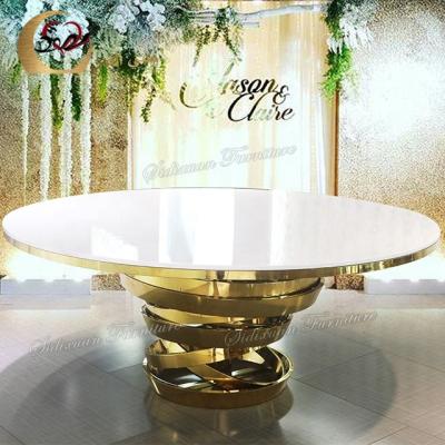 China Good Welding Gold Stainless Steel Base Round MDF Top Wedding Party Used Banquet Tables for sale